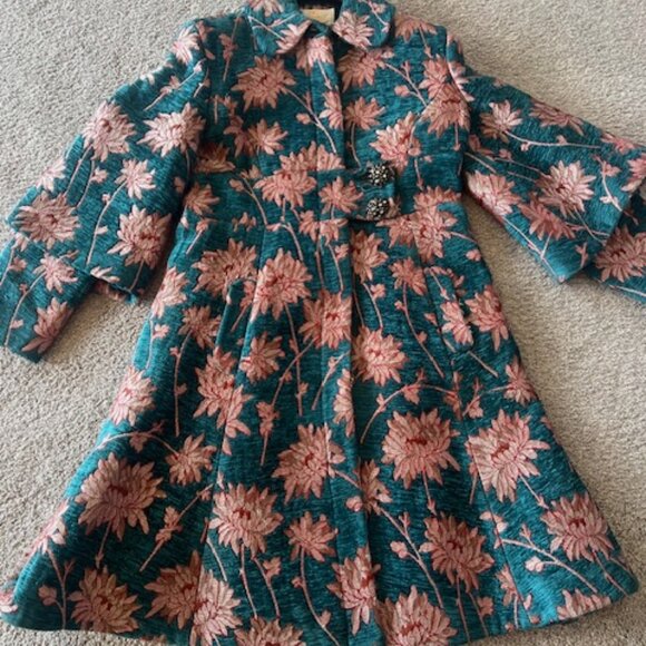 Sara Berman Blue Coat with Pink Flowers, Size S - Picture 1 of 10